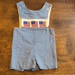 Blue Gingham Kids Jumper with Smocked Flag Design